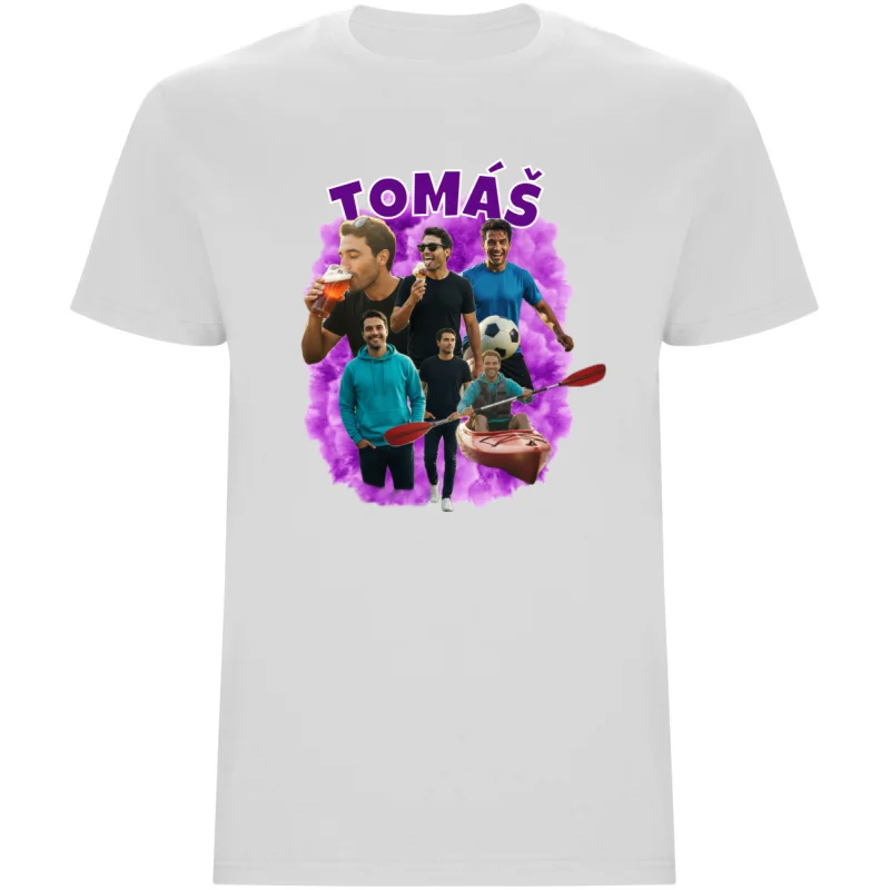 Pánské tričko - VLASTNÍ FOTKY, JMÉNO A POZADÍ (bílá - fialová)