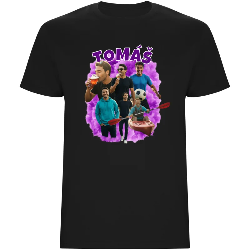 Pánské tričko - VLASTNÍ FOTKY, JMÉNO A POZADÍ (černá - fialová)