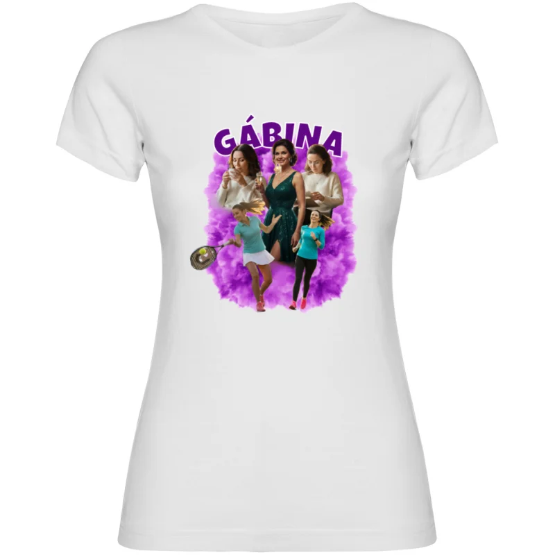 Dámské tričko - VLASTNÍ FOTKY, JMÉNO A POZADÍ (bílá - fialová)