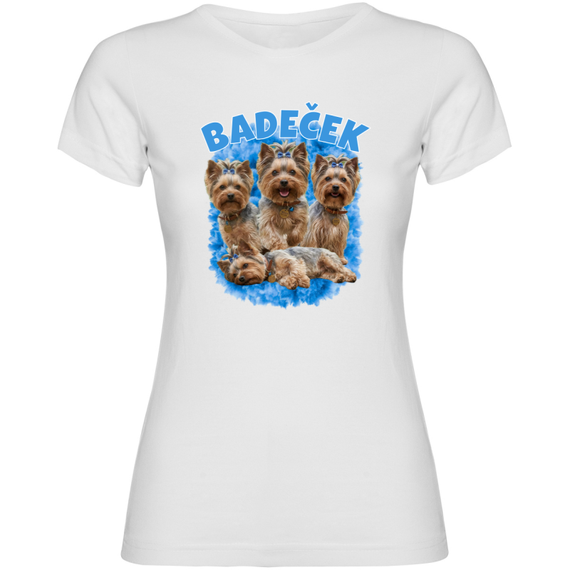 Dámské tričko - VLASTNÍ FOTKY, JMÉNO A POZADÍ (bílá - modrá)