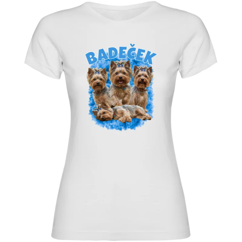 Dámské tričko - VLASTNÍ FOTKY, JMÉNO A POZADÍ (bílá - modrá)