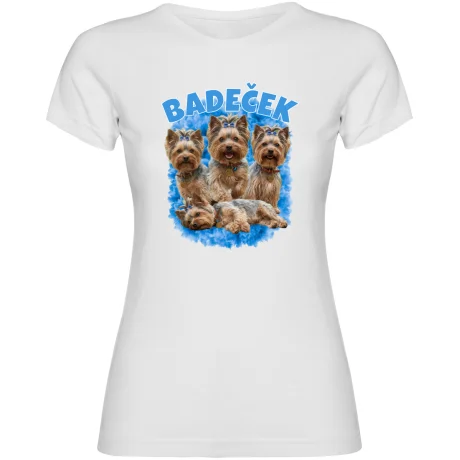 Dámské tričko - VLASTNÍ FOTKY, JMÉNO A POZADÍ (bílá - modrá)