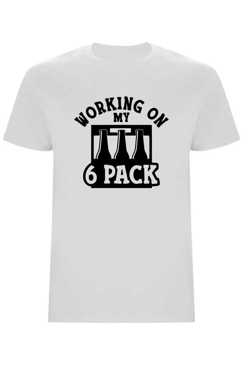Vtipné pánské tričko – Working on my six pack s pivním balením místo svalů